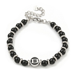Letter B 304 женские браслеты из нержавеющей стали и стекла с круглыми бусинами, чёрные, В письме, 6-7/8 дюйм (17.4 см)