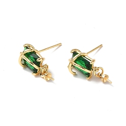 Emerald Brass Glass Rhinestone Stud Earring Findings, with Cup Peg Bails and 925 Sterling Silver Pins, Real 18K Gold Plated, Rectangle, Emerald, 18x8mm, Pin: 0.8mm