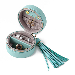 Turquoise Foncé Boîtes à glissière rondes de stockage de bijoux en similicuir pu, étui de voyage portable avec pompon, pour le collier, porte-boucles d'oreilles, cadeau pour les femmes, turquoise foncé, 7x4.5 cm