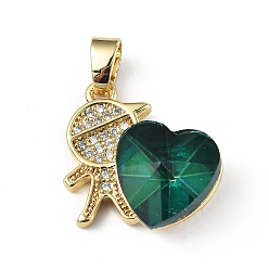 Teal Real 18K Gold Plated Rack Plating Brass Micro Pave Clear Cubic Zirconia Pendants, with Glass, Long-Lasting Plated, Cadmium Free & Lead Free, Boy with Heart Charm, Teal, 19.5x18x7.5mm, Hole: 5.5x3.5mm