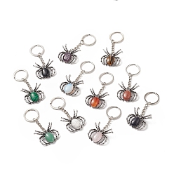 Mixed Stone Spider Gemstone Pendant Keychain, with Brass Findings, 7.8~7.9cm