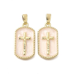 Antique White Brass Enamel Pendants, Real 18K Gold Plated, Rectangle with Cross Charms, Antique White, 21x11x2.5mm, Hole: 4.5x2mm