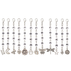 Antique Silver etan Style Alloy Pendant Decoration, with Acrylic Word Love Beads and Zinc Alloy Lobster Claw Clasps, Mixed Shapes, Antique Silver, 80~88mm, 12pcs/set