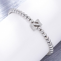 Letter Z Латунные круглые бусины эластичные браслеты, Подвеска в виде буквы из латуни с микропаве из прозрачного кубического циркония для женщин, без свинца и без кадмия, стойки покрытие, платина, Письмо Z, внутренний диаметр: 2~2-1/8 дюйм (5~5.5 см)