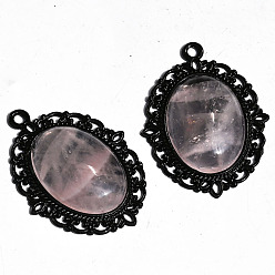 Rose Quartz Natural Rose Quartz Pendants, Black Metal Oval Charms, 40x30x7mm