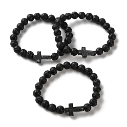Лавовый камень Браслеты из натуральной лавы с крестом и круглыми бусинами, внутренний диаметр: 2-1/8 дюйм (5.5 см)