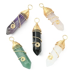 Mixed Stone Natural Mixed Gemstone Copper Wire Wrapped Pendants, Faceted Bullet Charms, Real 18K Gold Plated, 36.5~40x9.5~10x9.5~10mm, Hole: 4mm