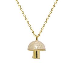 Golden 925 Sterling Silver Enamel Mushroom Pendant Necklaces, Versatile Style Collar Chain for Women, Real 18K Gold Plated, White, 15.75 inch(40cm)