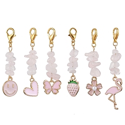 Pink 6Pcs 6 Styles Alloy Enamel Pendant Decoraiton, Natural Rose Quartz Chip Beads and Alloy Lobster Claw Clasps Charm, Mixed Shapes, Pink, 47~62mm, 6pcs/set