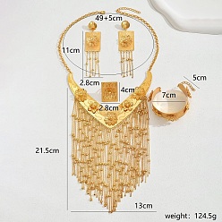 Золотой Роскошный преувеличенный комплект железных украшений для подарка на свадьбу невесты, ожерелья, кольцо, серьги-пусеты и браслет с большими кисточками, золотые, Ожерелья: 490 mm, Кольцо: 40x28 mm, серьги: 110 mm, браслет: внутренний диаметр: 70мм