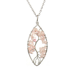 Rose Quartz Natural Rose Quartz Chips Beaded Horse Eye with Tree Pendant Necklaces, with Platinum Brass Chains, 20.08 inch(51cm)