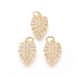Clear Brass Micro Pave Cubic Zirconia Pendants, with Jump Ring, Long-Lasting Plated, Real 18K Gold Plated, Monstera Leaf, Clear, 15x10x2.5mm, Hole: 3mm