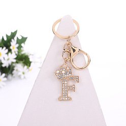 Letter F Crystal Rhinestone Initial Letter with Crown Pendant Keychains, with Light Gold Alloy Findings, Letter.F, 10~10.5cm, alphabet: 40~46x20~45mm