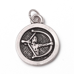Sagittarius Brass Pendants, with Jump Rings, Long-Lasting Plated, Flat Round with 12 Constellation/Zodiac Sign, Antique Silver, Sagittarius, 18.5x15x2mm, Jump Ring: 5x0.7mm, Inner Diameter: 3.6mm