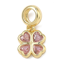 Pink Подвеска в виде клевера в европейском стиле ко Дню Святого Патрика, латунная, инкрустированная кубическим цирконием., подвески с большим отверстием в виде клевера, стойки покрытие, долговечный, без кадмия и без свинца, реальный 18 k позолоченный, розовые, 20 мм, отверстие : 4.9 мм