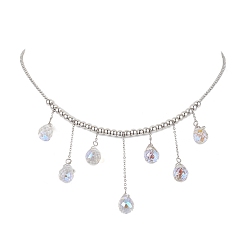 Stainless Steel Color Glass Teardrop Charms Necklaces, 304 Stainless Steel Ball Chain Necklaces for Women, Stainless Steel Color, 13.98 inch(35.5cm)