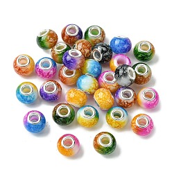 Mixed Color Two Tone Glass European Beads, Large Hole Beads, with Silver Tone Brass Double Cores, Rondelle, Mixed Color, 15x11mm, Hole: 5mm