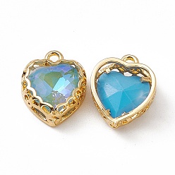 Aquamarine Heart K9 Glass Charms, Faceted, with Light Gold Tone Brass Edge, Aquamarine, 14.5x12x5.5mm, Hole: 1.6mm