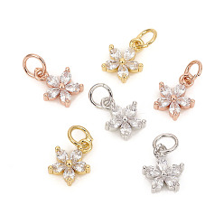 Mixed Color Brass Micro Pave Cubic Zirconia Charms, with Jump Rings, Flower, Clear, Mixed Color, 9.5x7.8x2.5mm, Jump Rings: 4.8x0.8mm, 3.2mm Inner Diameter