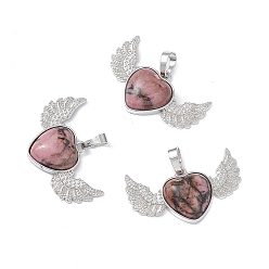 Rhodonite Natural Rhodonite Pendants, Heart Charms with Wing, with Platinum Tone Brass Findings, 22x37.5x7mm, Hole: 7.5x5mm