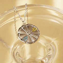 Нержавеющая Сталь Цвет Элегантные плоские круглые оранжевые ожерелья с подвеской из нержавеющей стали и стразами для женщин, идеально подходит для повседневной носки, цвет нержавеющей стали, показать на картинке