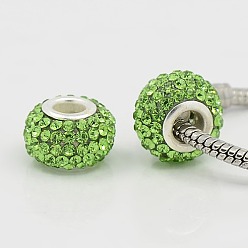 Peridot Grade A Rhinestone European Beads, Large Hole Beads, Resin, with Silver Color Plated Brass Core, Rondelle, Peridot, 15x10mm, Hole: 5mm