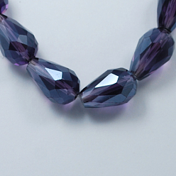 Indigo Electroplate Glass Beads Strands, Pearl Luster Plated, Faceted, Drop, Indigo, 15x10mm, Hole: 1.5mm, about 44~48pcs/strand, 25.20~28.35 inch