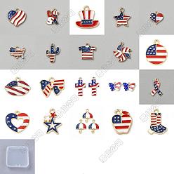 Mixed Shapes 40Pddcs 20 Styles Independence Day Themed Zinc Alloy Enamel Pendants, Light Gold, Red White Blue, Mixed Shapes, 13~23x12~20x1~3mm, Hole: 1.4~2mm, 2pcs/style