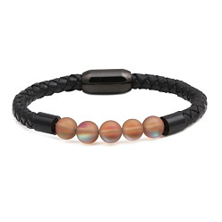 6# Stylish Leather Bracelet with Stainless Steel Magnetic Clasp and Moonstone Beads for Women