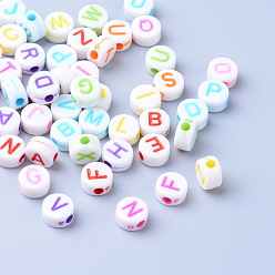 Letter Craft Acrylic Horizontal Hole Letter Beads, Flat Round, Mixed Color, Letter, 6~7x3.5~4mm, Hole: 2mm, about 3600pcs/500g