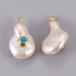 Deep Sky Blue Natural Cultured Freshwater Pearl Pendants, with Brass Micro Pave Cubic Zirconia Cabochons, Long-Lasting Plated, Real 18K Gold Plated, Deep Sky Blue, 16~22.5x10~14mm, Hole: 1.4mm