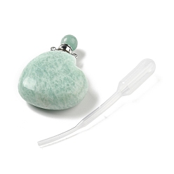 Амазонит Кулоны для духов из натурального амазонита, для эфирного масла, духи, с латунными наконечниками и пипетками платинового цвета, сердце, 42x29~32x12~12.5 мм, отверстие : 1.5~1.8 мм