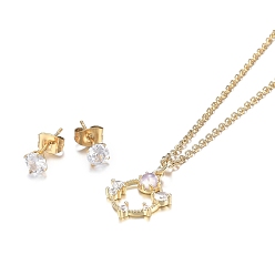 Golden 304 Stainless Steel Rhinestone Jewelry Sets, Ring Pendant Necklaces and Stud Earrings, Cable Chains, Lobster Claw Clasps and Ear Nuts, Crystal, Golden, 18.11 inch(46cm), 15x5.5mm, Pin: 0.7mm