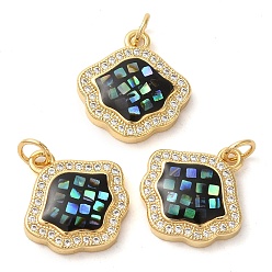 Черный Стойки обшивки латунь кубического циркония подвески, с эмалью и ракушкой, долговечный, без свинца и без кадмия, реальный 18 k позолоченный, с прыжковых колец, формы ракушек с тартаном, чёрные, 17x16x4 мм, отверстие : 3 мм