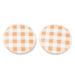 Coral Schima Wood Double-faced Printed Pendants, Flat Round with Tartan Pattern Charms, Coral, 39.5~40x5~5.5mm, Hole: 1.6mm