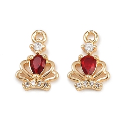 Красный Латунные микро проложить кубического циркония подвески, корона прелести, реальный 18 k позолоченный, красные, 11.5x8x3 мм, отверстие : 1 мм