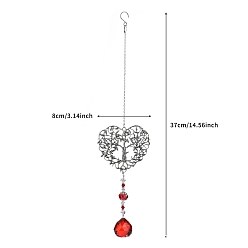 Red Alloy Heart with Tree of Life Hanging Ornaments, Round Glass Charm Suncatchers for Home Outdoor Decoration, Red, 360mm