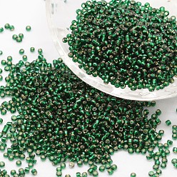 Dark Cyan 8/0 Transparent Glass Round Seed Beads, Grade A, Silver Lined, Dark Cyan, 2.8~3.2mm, Hole: 1.0mm, about 15000pcs/pound