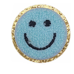 Aqua Flat Round with Smiling Face Computerized Towel Embroidery Cloth Iron on/Sew on Patches, Chenille Appliques, Costume Accessories, Aqua, 50mm