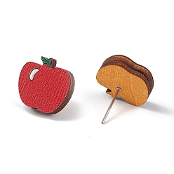 Apple Natual Wood Easter Stud Earrings, 316 Stainless Steel Jewelry for Women, Apple Pattern, 14.6x14.6mm, Pin: 0.6mm