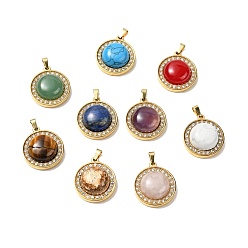 Mixed Stone Natural & Synthetic Mixed Gemstone Pendants, with Golden Tone 304 Stainless Steel and Crystal Rhinestone Findings, Half Round Charm, Mixed Dyed and Undyed, 24.5x21x8mm, Hole: 3.5x6mm