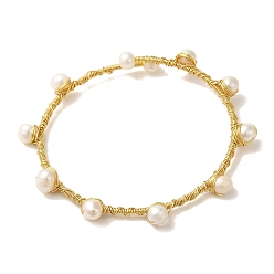 Real 14K Gold Plated Natural Pearl Beaded Cuff Bangle, Brass Wire Wrapped Bangle, Real 14K Gold Plated, Inner Diameter: 2-3/8 inch(5.9cm)