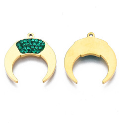 Green 316 Surgical Stainless Steel Pendants, with Micro Pave Cubic Zirconia, Real 14K Gold Plated, Double Horn/Crescent Moon, Green, 17.5x16x2mm, Hole: 1mm