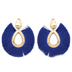 Midnight Blue Alloy Teardrop Stud Earrings, Bohemia Style Horseshoe Tassel Dangle Earrings for Women, Midnight Blue, 80x68mm