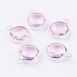 Pearl Pink Silver Color Plated Brass Glass Flat Round Charms, Faceted, Pearl Pink, 12x8.5x3mm, Hole: 1.5mm