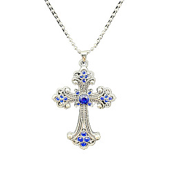 Medium Blue Alloy Pendant Necklaces, Cross fleury, Medium Blue, 19.69 inch(50cm)