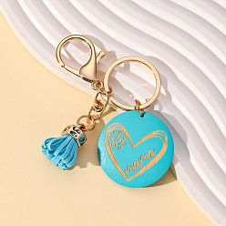 Бирюза Брелок-подвеска с деревянной кисточкой, плоское круглое сердце, бирюзовые, 110x40 мм