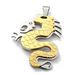 Golden & Stainless Steel Color Ion Plating(IP) 304 Stainless Steel Pendants, with Rhinestone, Dragon, Golden & Stainless Steel Color, 42x34x4mm, Hole: 12.5x4mm