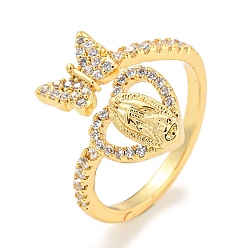Real 18K Gold Plated Butterfly & Heart Brass Micro Pave Cubic Zirconia Open Cuff Rings, Long-Lasting Plated, Cadmium Free & Lead Free, Real 18K Gold Plated, US Size 6(16.5mm)
