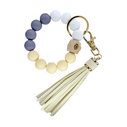 8 Colorful Silicone Bead Bracelet Keychain with PU Leather Tassel Pendant for Women